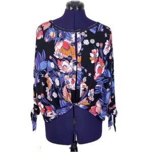 Free People Black Colorful Floral Long Sleeve Top